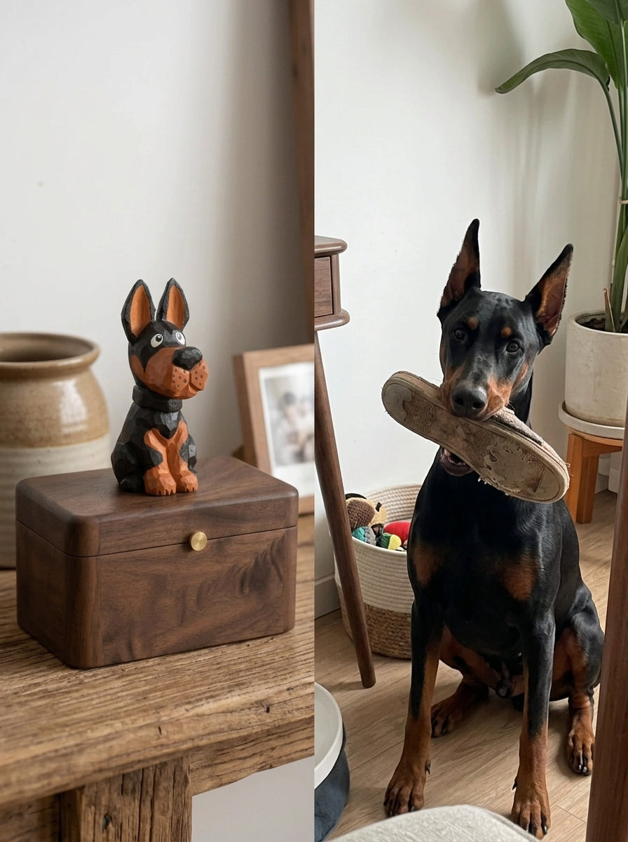 Doberman Wooden Pet Urn with Memorial Figurine - pet ashes memorial urn