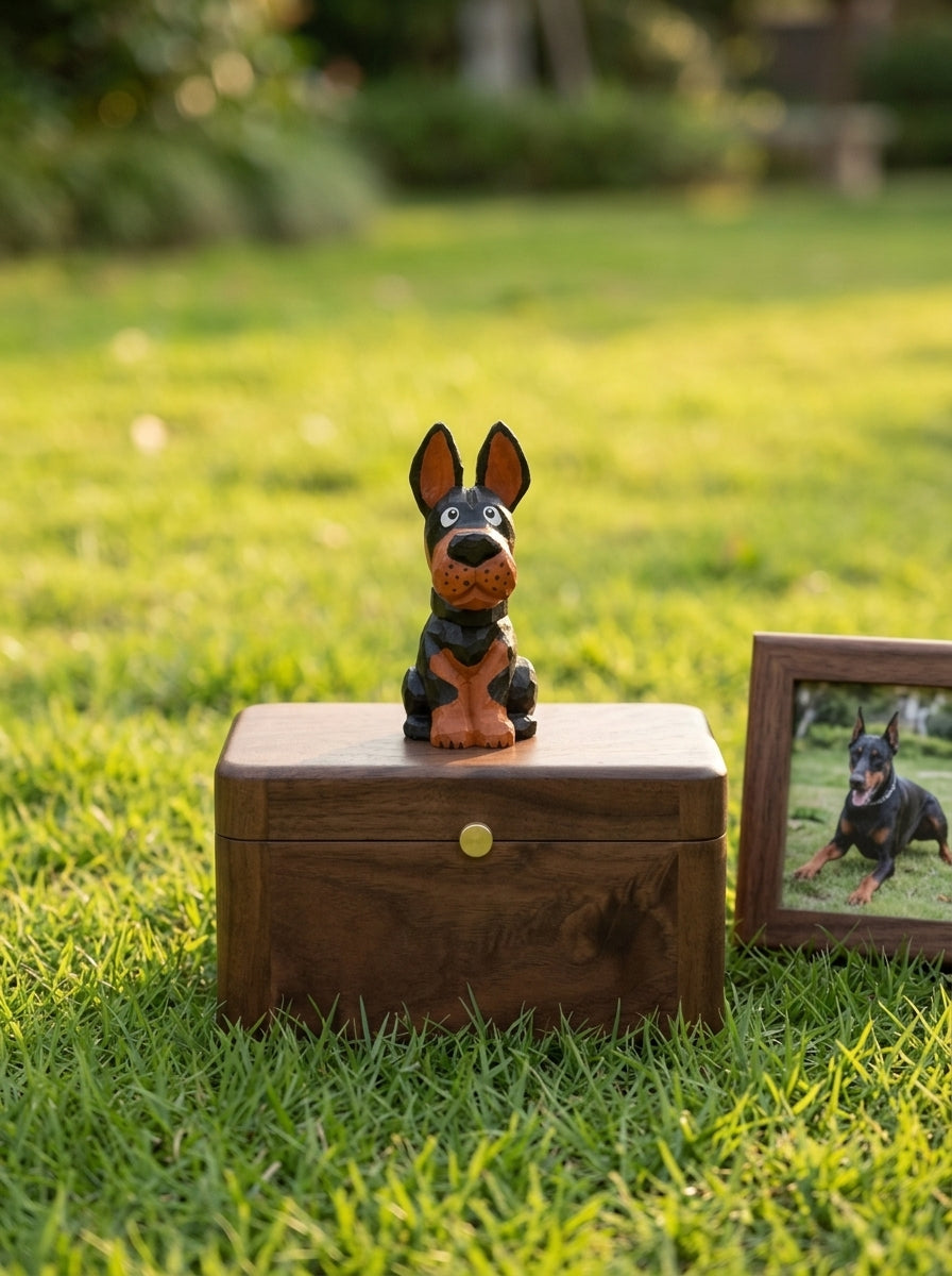 Doberman Wooden Pet Urn with Memorial Figurine - pet ashes memorial urn