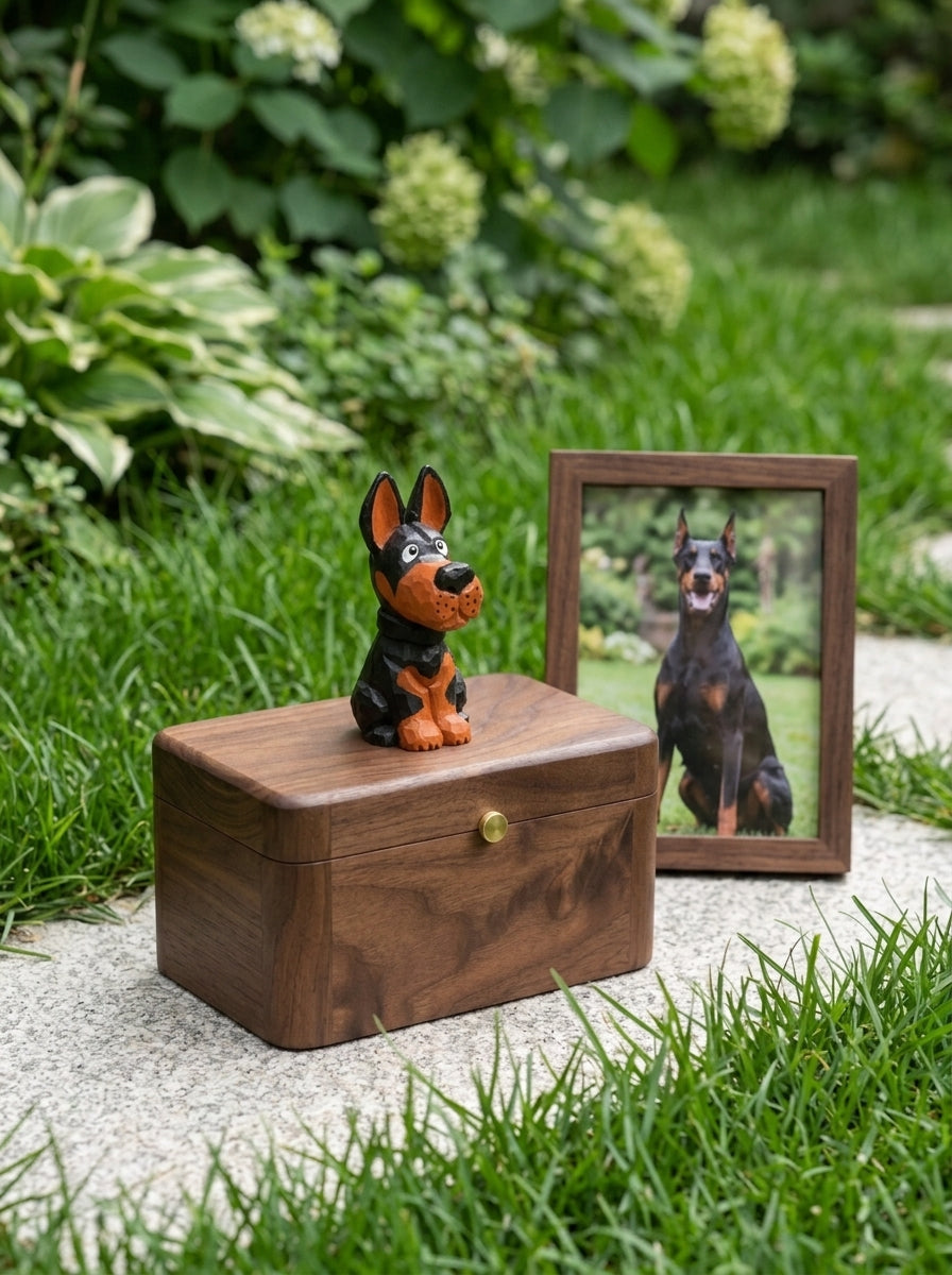 Doberman Wooden Pet Urn with Memorial Figurine - pet ashes memorial urn