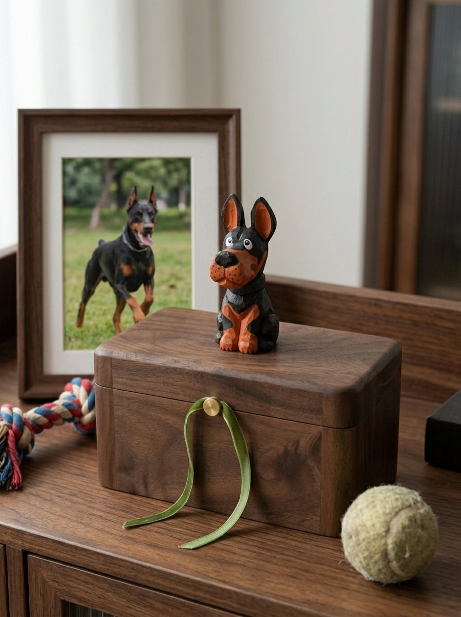 Doberman Wooden Pet Urn with Memorial Figurine - pet ashes memorial urn