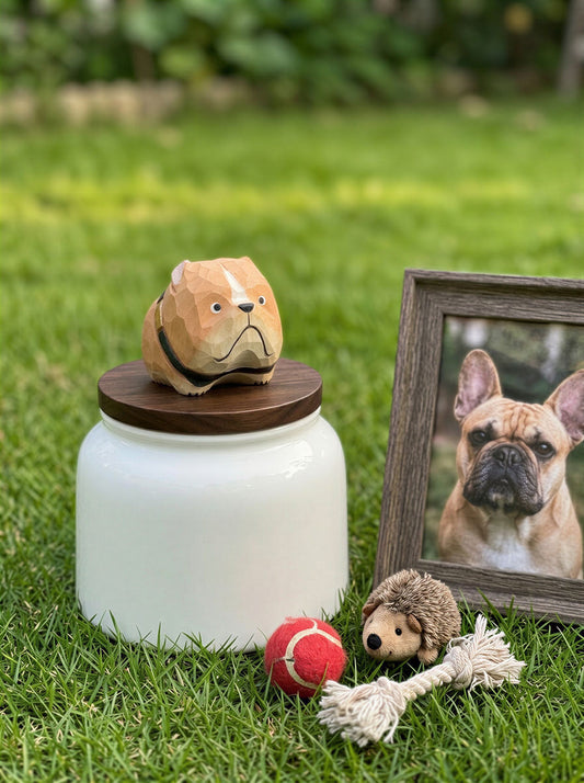 French Bulldog Ceramic Pet Urn with Memorial Figurine - 570ml - Khaki - pet ashes memorial urn
