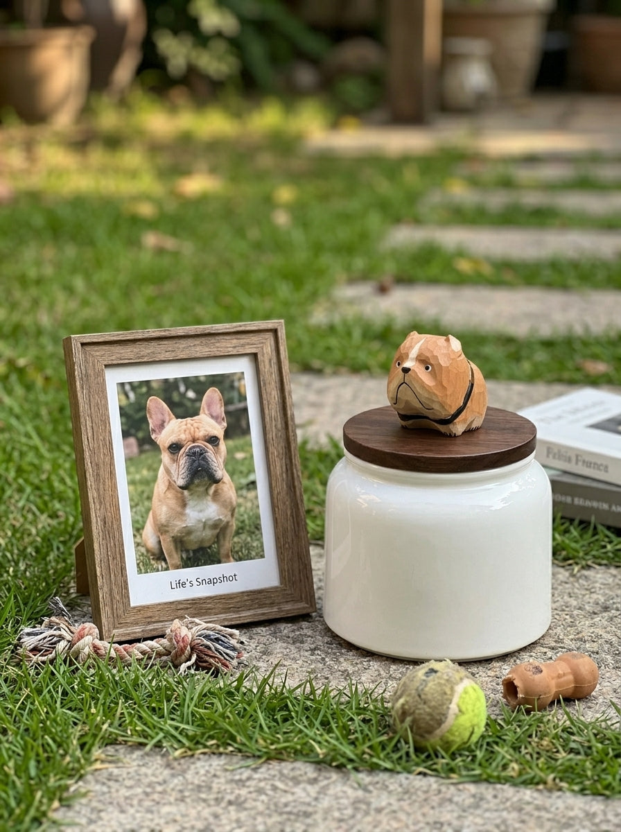 French Bulldog Ceramic Pet Urn with Memorial Figurine - 570ml - Khaki - pet ashes memorial urn