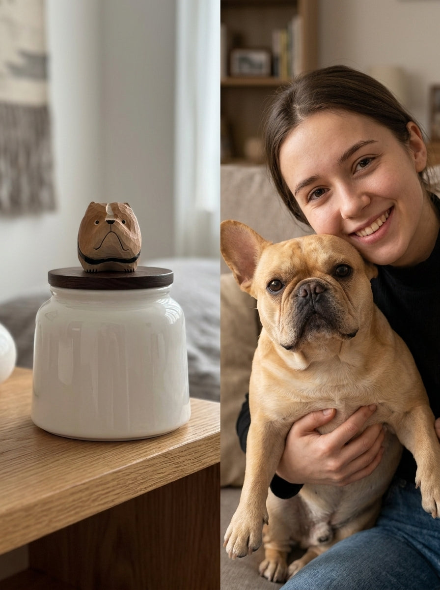 French Bulldog Ceramic Pet Urn with Memorial Figurine - 570ml - Khaki - pet ashes memorial urn