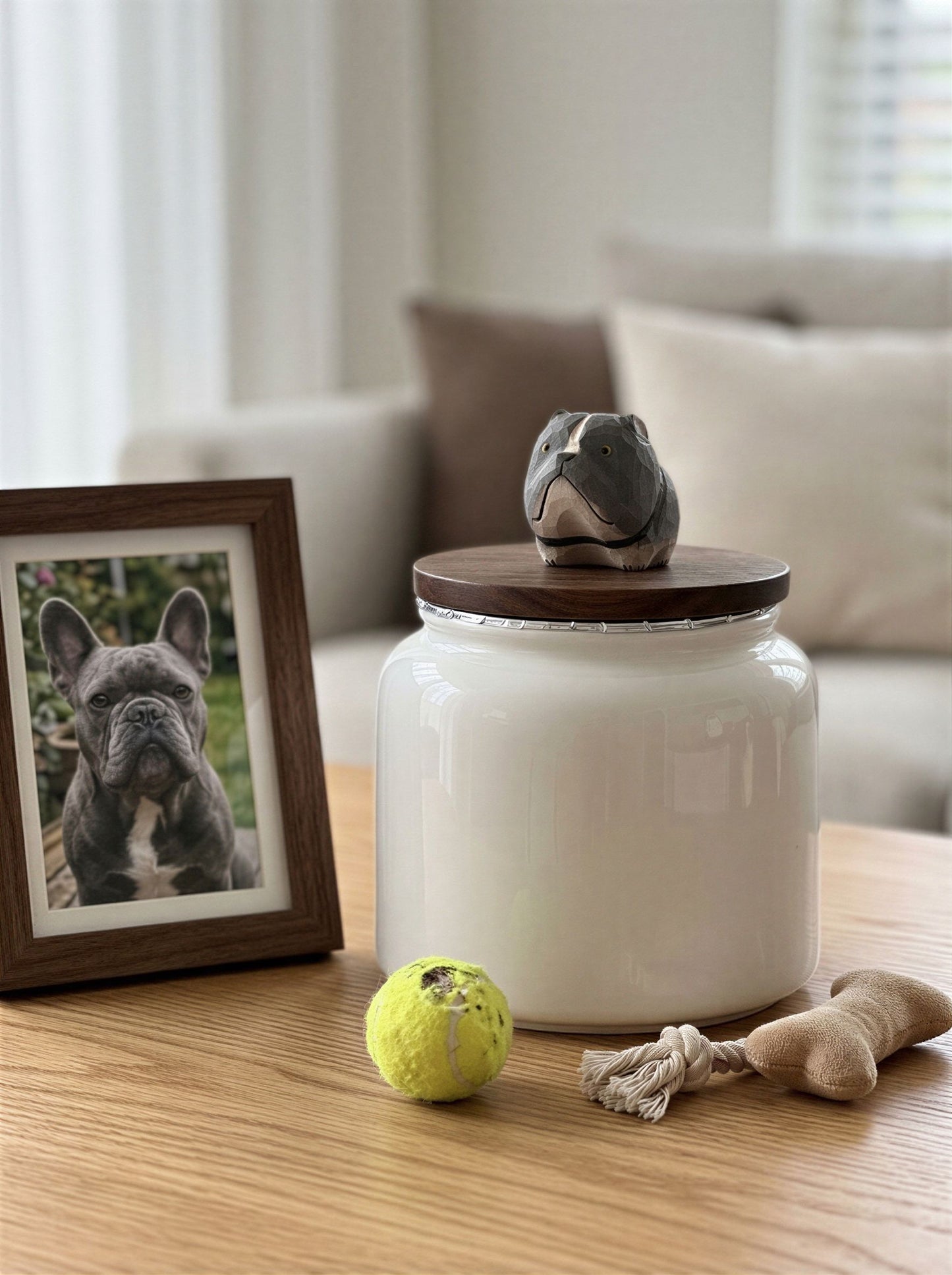 French Bulldog Ceramic Pet Urn with Memorial Figurine - 570ml - Gray - pet ashes memorial urn