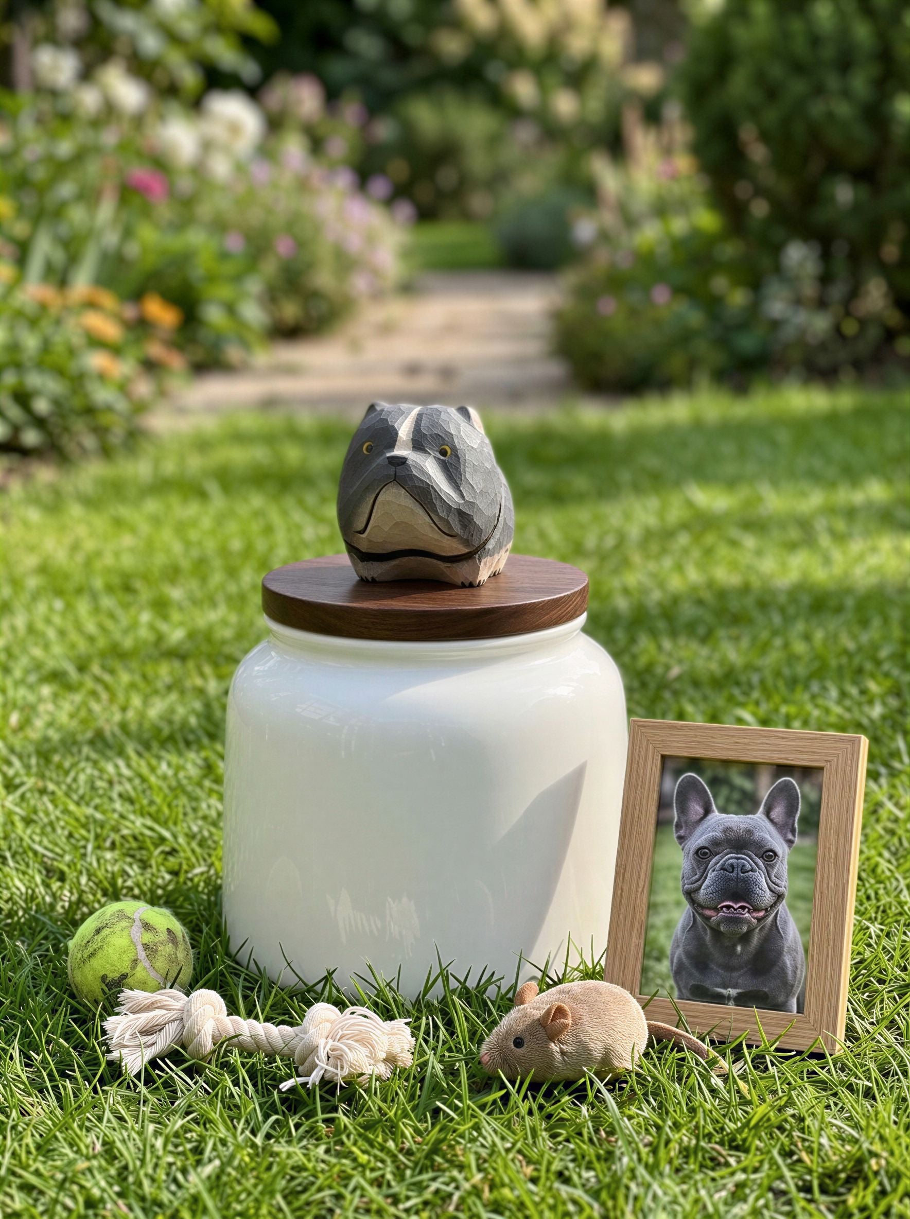 French Bulldog Ceramic Pet Urn with Memorial Figurine - 570ml - Gray - pet ashes memorial urn
