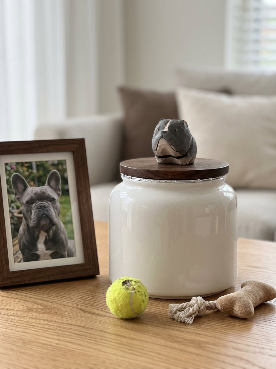 French Bulldog Ceramic Pet Urn with Memorial Figurine - 570ml - Gray - pet ashes memorial urn