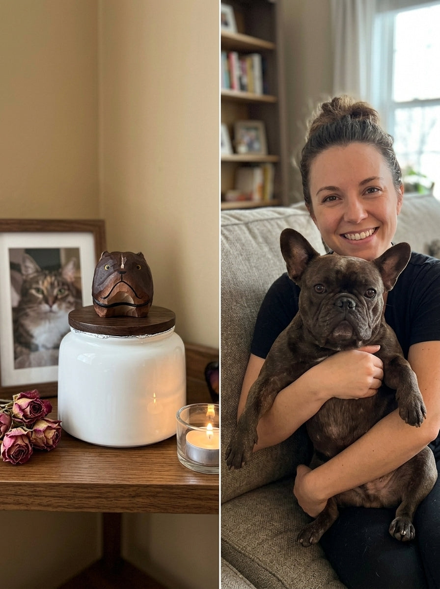 French Bulldog Ceramic Pet Urn with Memorial Figurine - 570ml - Dark Brown - pet ashes memorial urn