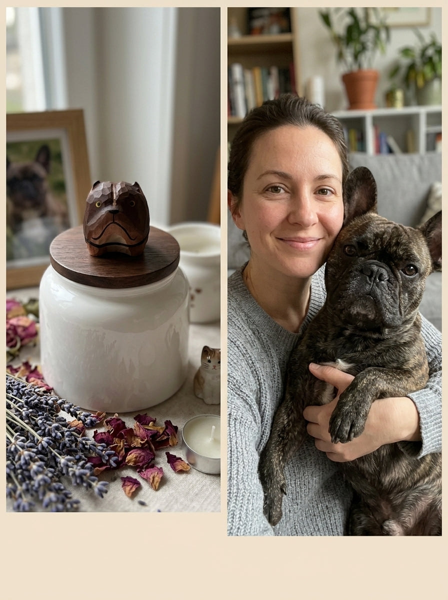 French Bulldog Ceramic Pet Urn with Memorial Figurine - 570ml - Dark Brown - pet ashes memorial urn