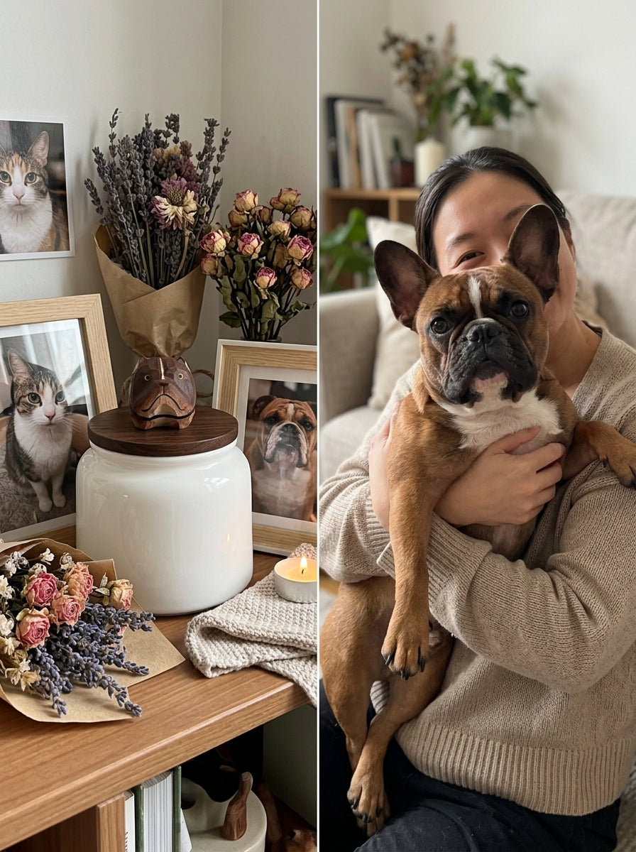 French Bulldog Ceramic Pet Urn with Memorial Figurine - 570ml - Dark Brown - pet ashes memorial urn
