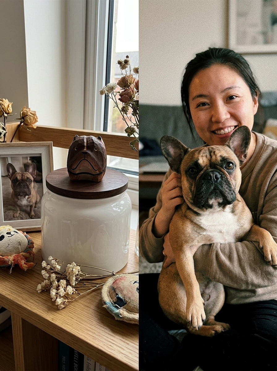 French Bulldog Ceramic Pet Urn with Memorial Figurine - 570ml - Dark Brown - pet ashes memorial urn