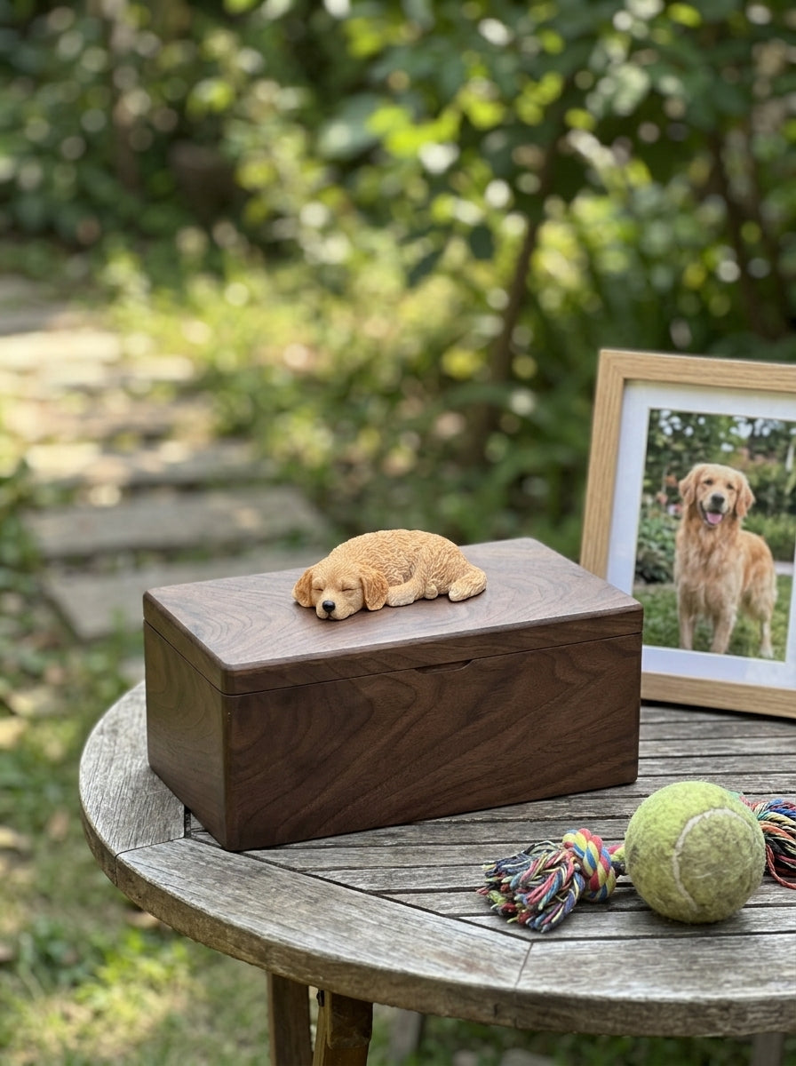 Golden Retriever Resting Wooden Pet Urn with Memorial Figurine - Golden - pet ashes memorial urn