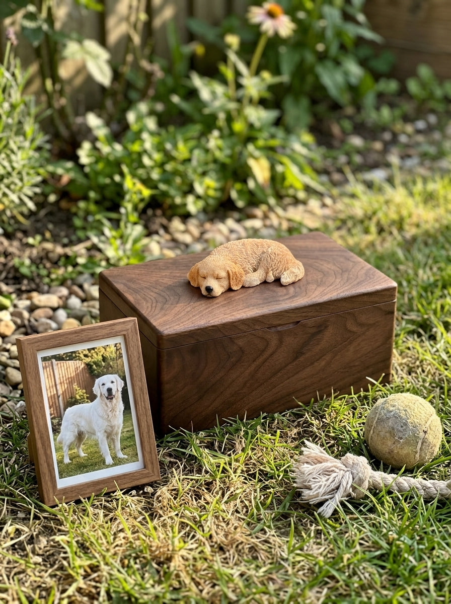 Golden Retriever Resting Wooden Pet Urn with Memorial Figurine - Golden - pet ashes memorial urn