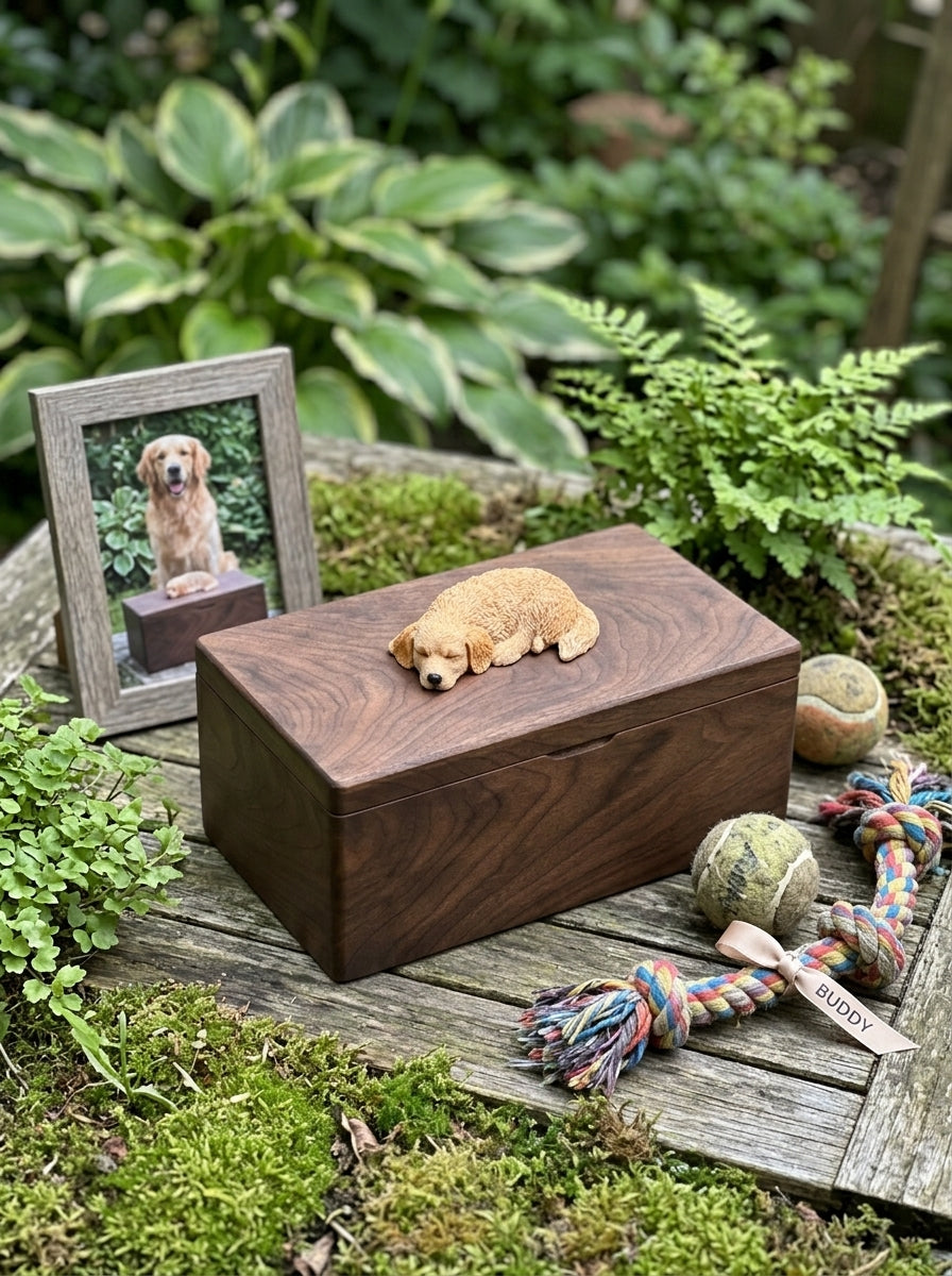 Golden Retriever Resting Wooden Pet Urn with Memorial Figurine - Golden - pet ashes memorial urn