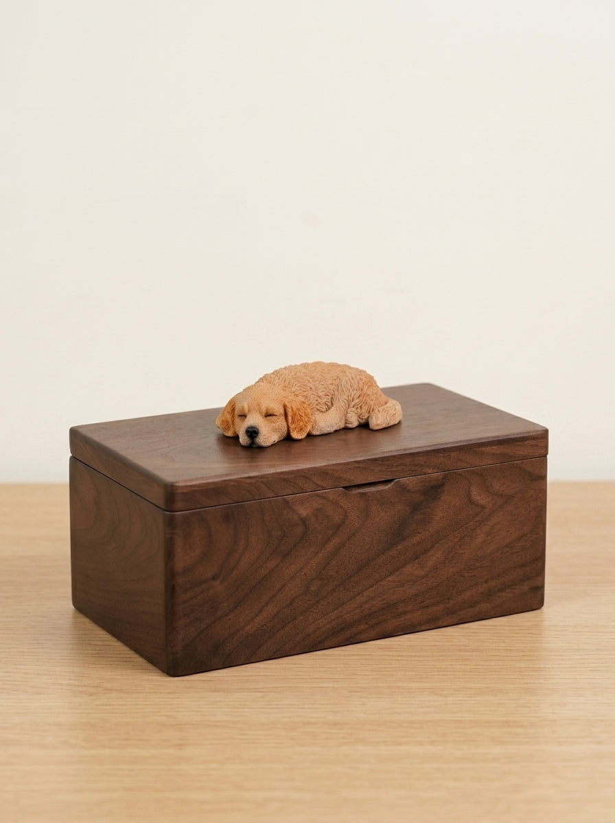 Golden Retriever Resting Wooden Pet Urn with Memorial Figurine - Golden - pet ashes memorial urn