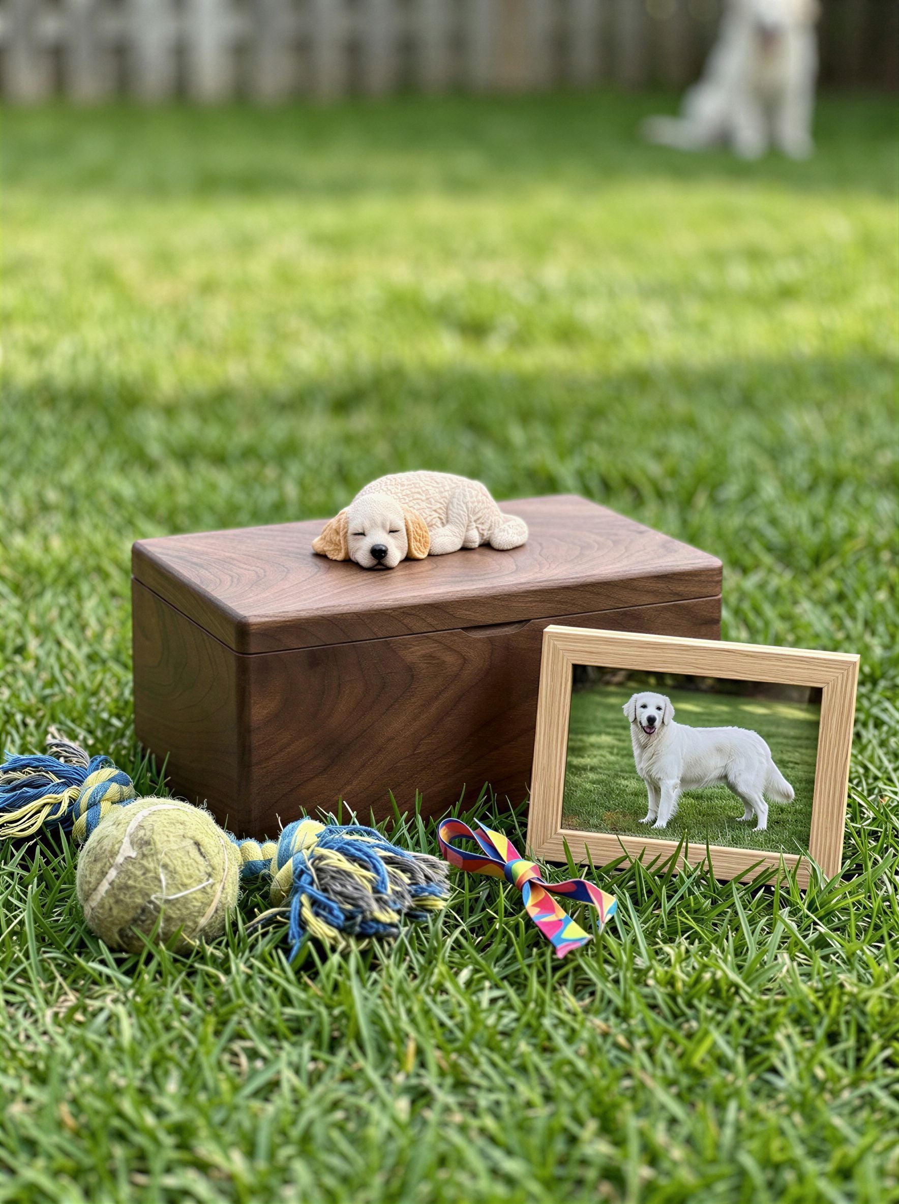 Golden Retriever Resting Wooden Pet Urn with Memorial Figurine - Cream Golden - pet ashes memorial urn