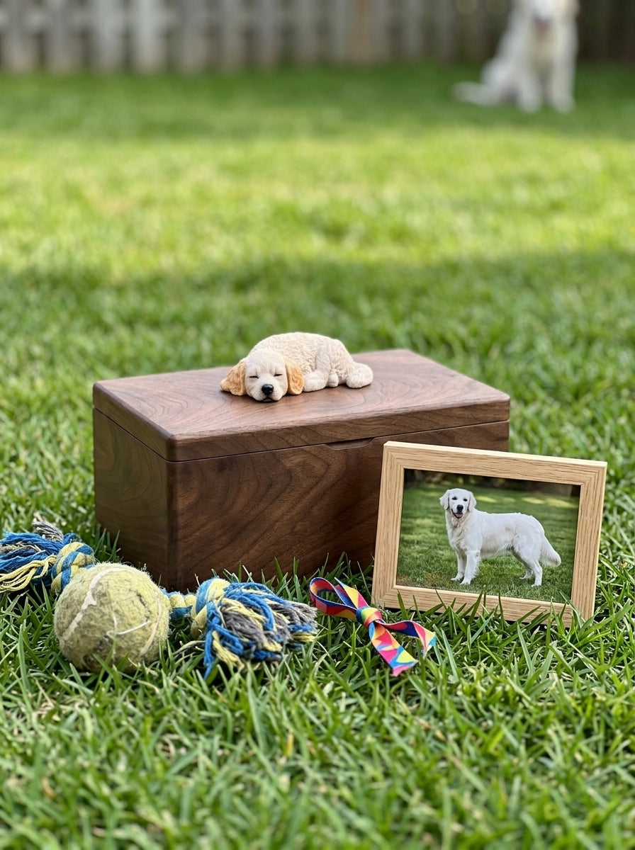 Golden Retriever Resting Wooden Pet Urn with Memorial Figurine - Cream Golden - pet ashes memorial urn