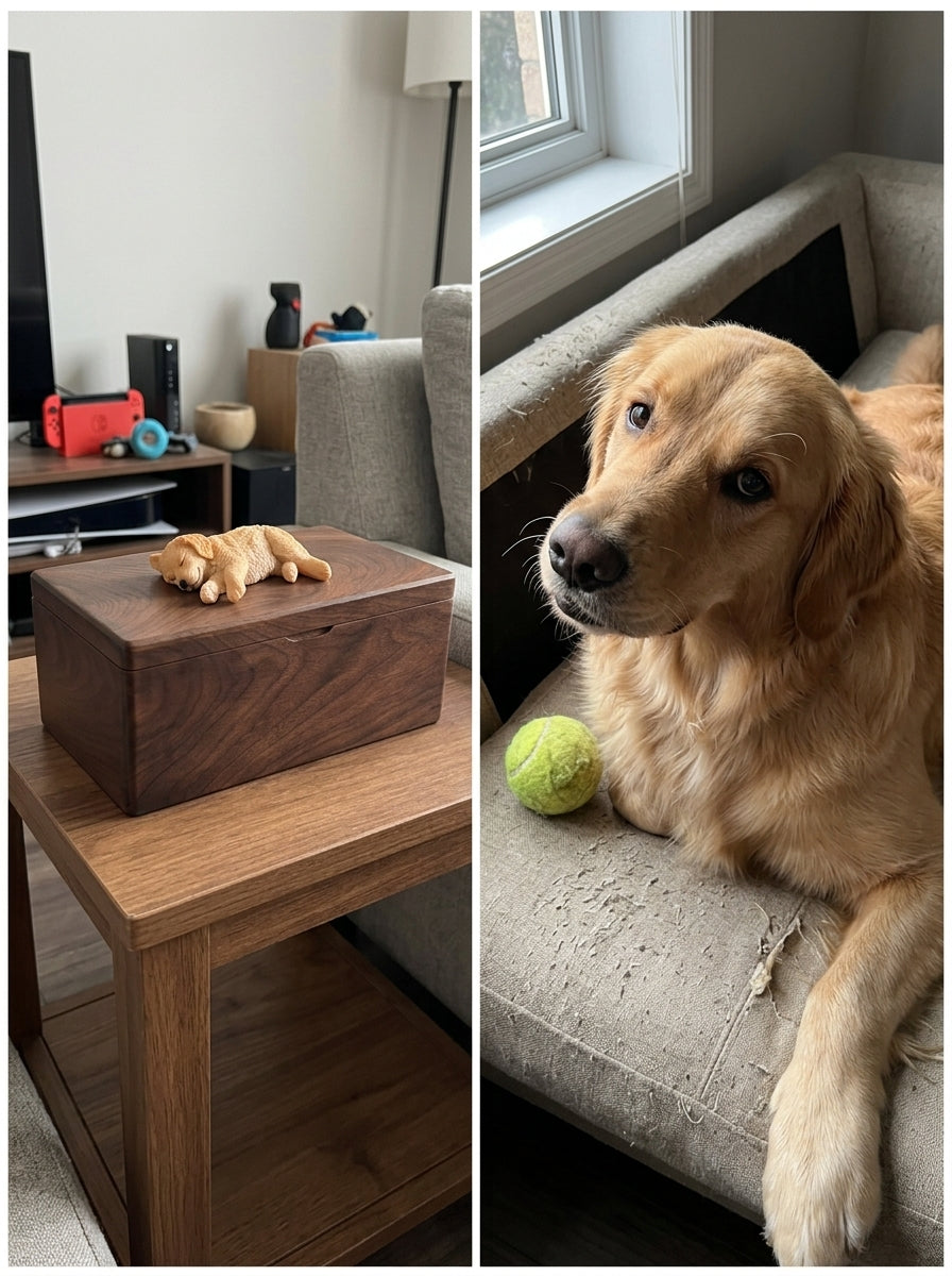 Golden Retriever side-lying wooden pet urn full memorial scene