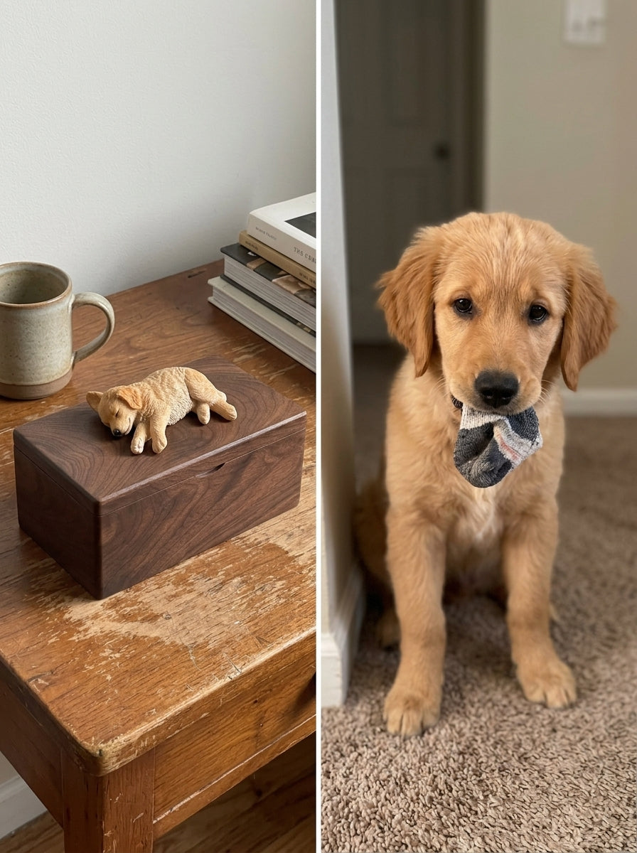 Golden Retriever Side-Lying Wooden Pet Urn with Memorial Figurine - Golden - pet ashes memorial urn