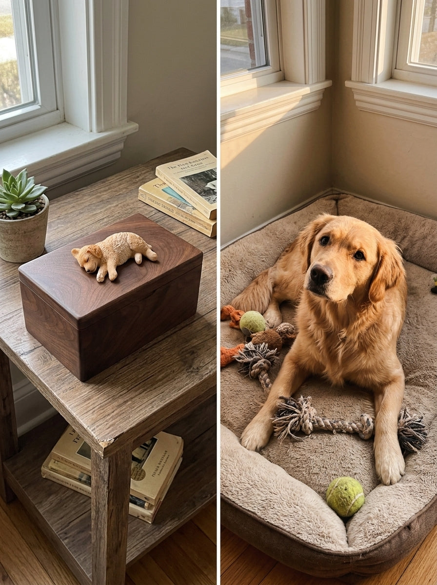Golden Retriever Side-Lying Wooden Pet Urn with Memorial Figurine - Golden - pet ashes memorial urn