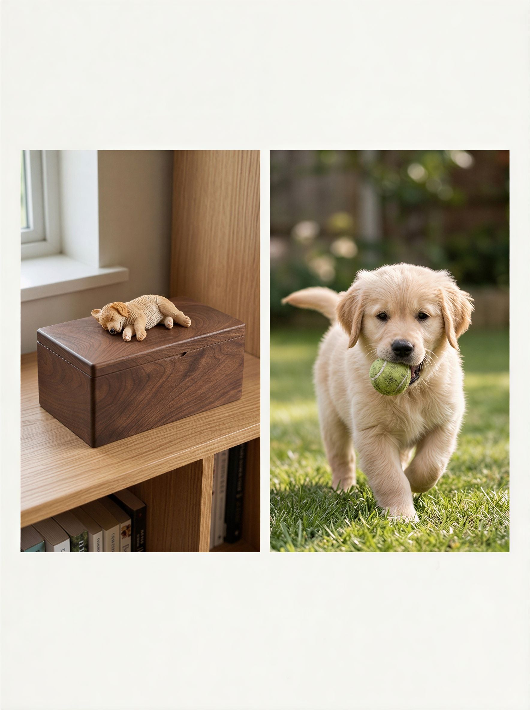 Golden Retriever Side-Lying Wooden Pet Urn with Memorial Figurine - Cream Golden - pet ashes memorial urn