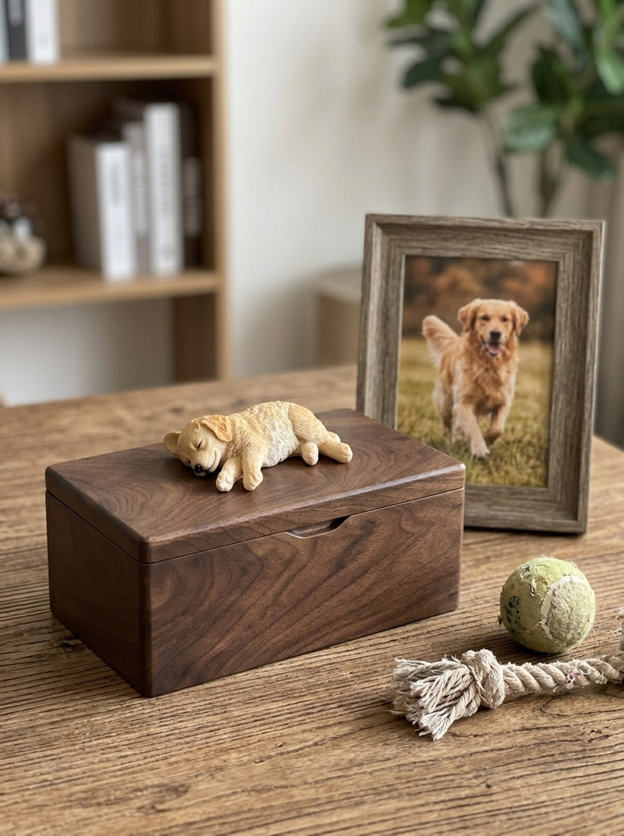 Golden Retriever Side-Lying Wooden Pet Urn with Memorial Figurine - Cream Golden - pet ashes memorial urn