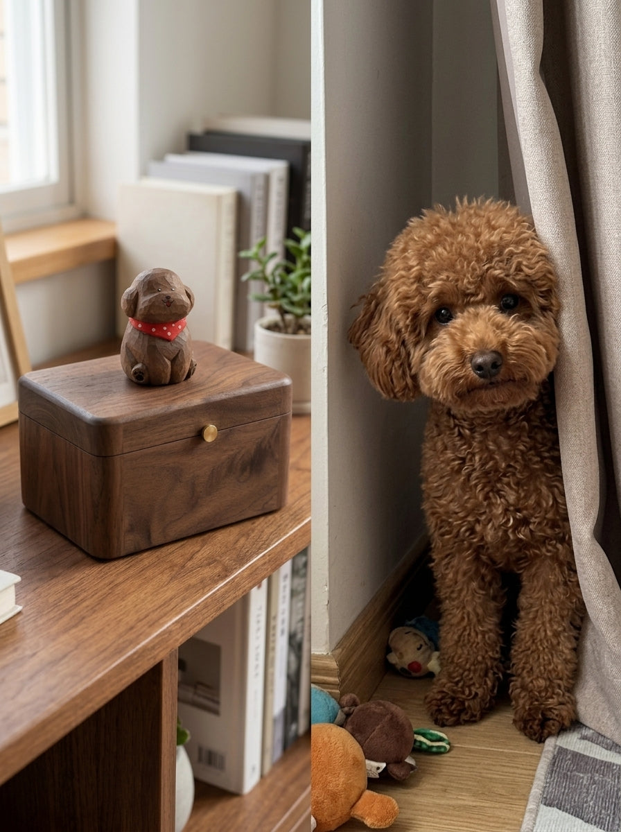 Poodle Wooden Pet Urn with Memorial Figurine - 1368ml - Brown - pet ashes memorial urn