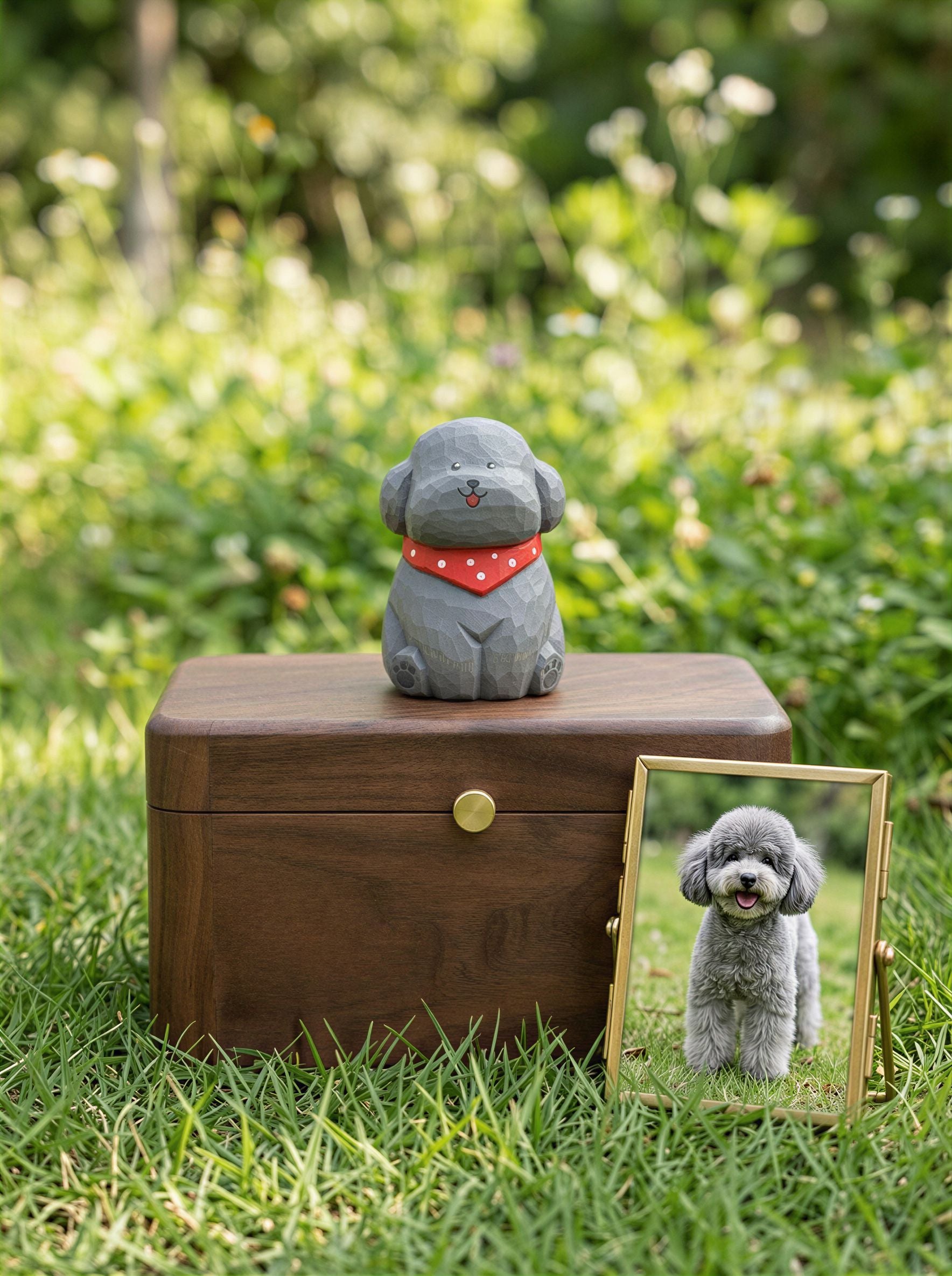 Poodle Wooden Pet Urn with Memorial Figurine - 1368ml - Gray - pet ashes memorial urn