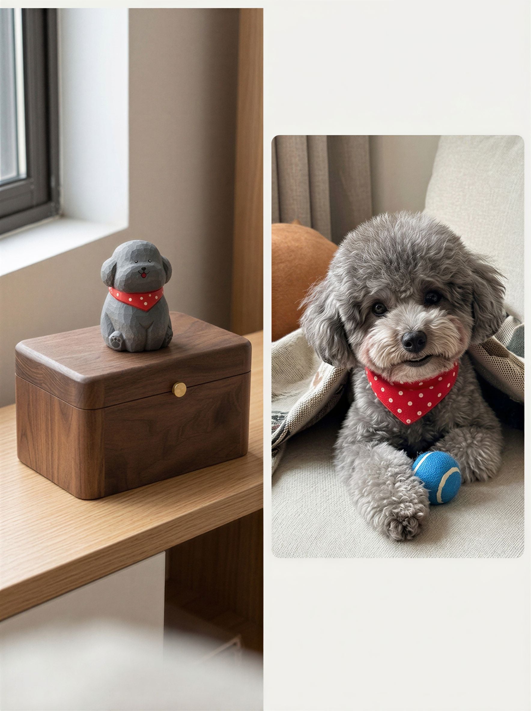 Poodle Wooden Pet Urn with Memorial Figurine - 1368ml - Gray - pet ashes memorial urn