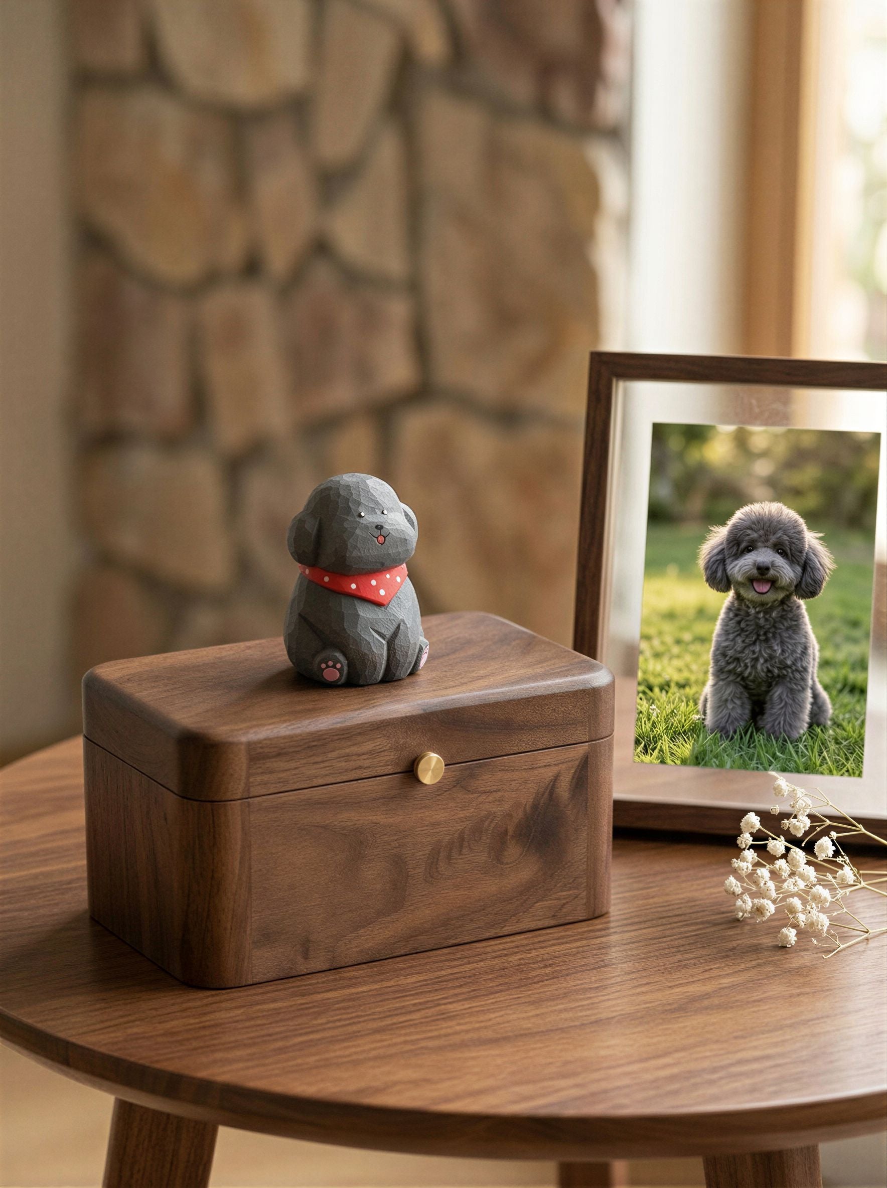 Poodle Wooden Pet Urn with Memorial Figurine - 1368ml - Gray - pet ashes memorial urn