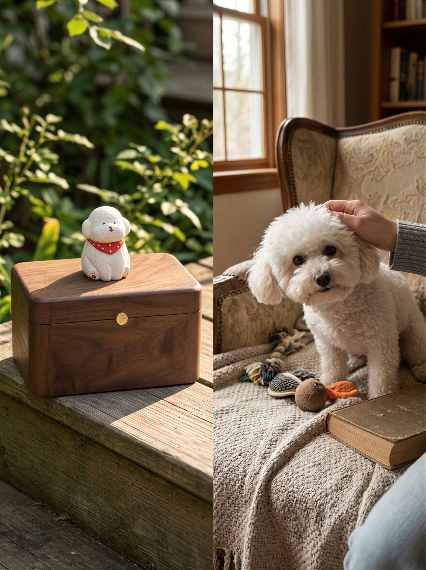 Poodle Wooden Pet Urn with Memorial Figurine - 1368ml - White - pet ashes memorial urn