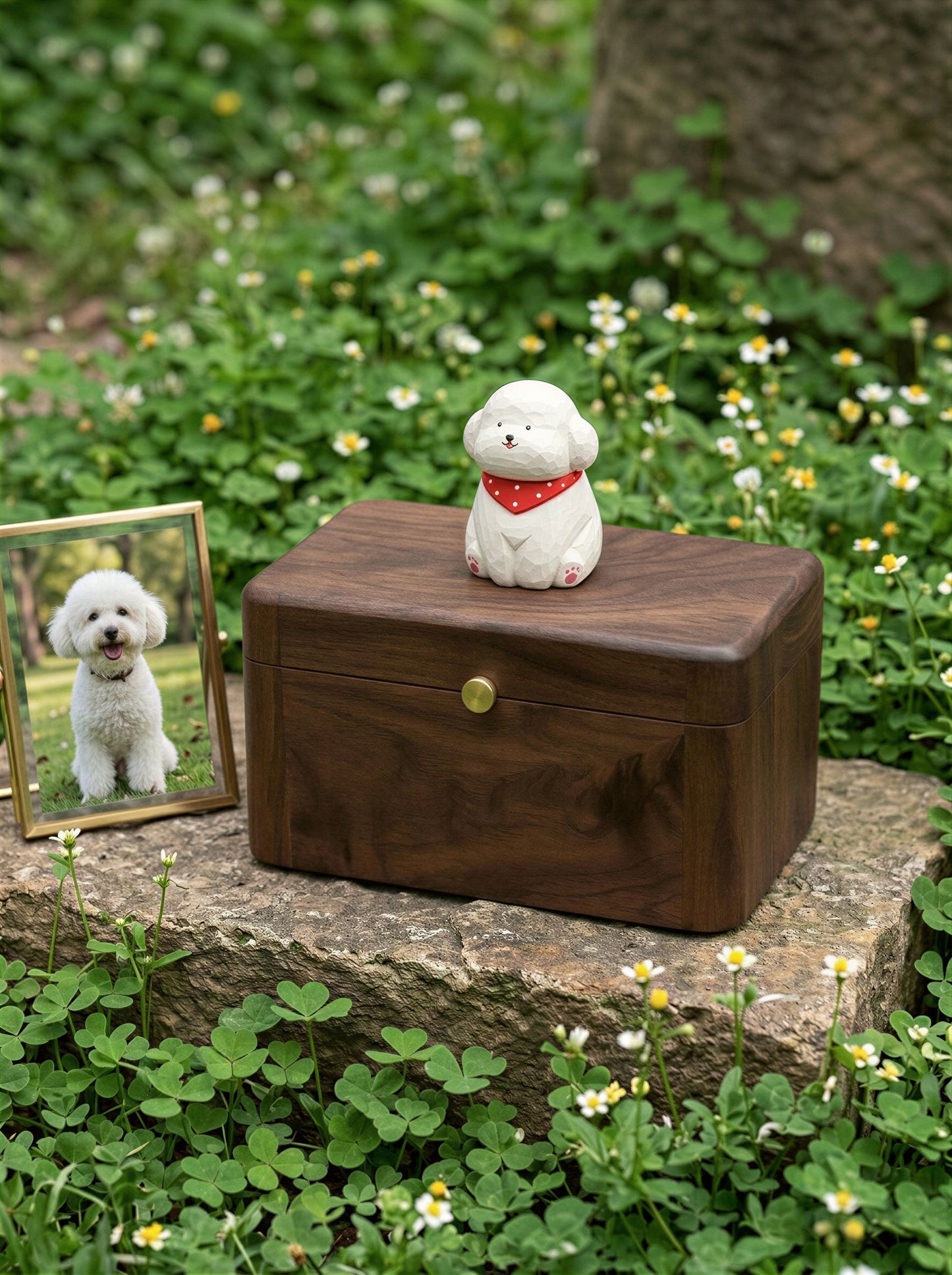 Poodle Wooden Pet Urn with Memorial Figurine - 1368ml - White - pet ashes memorial urn