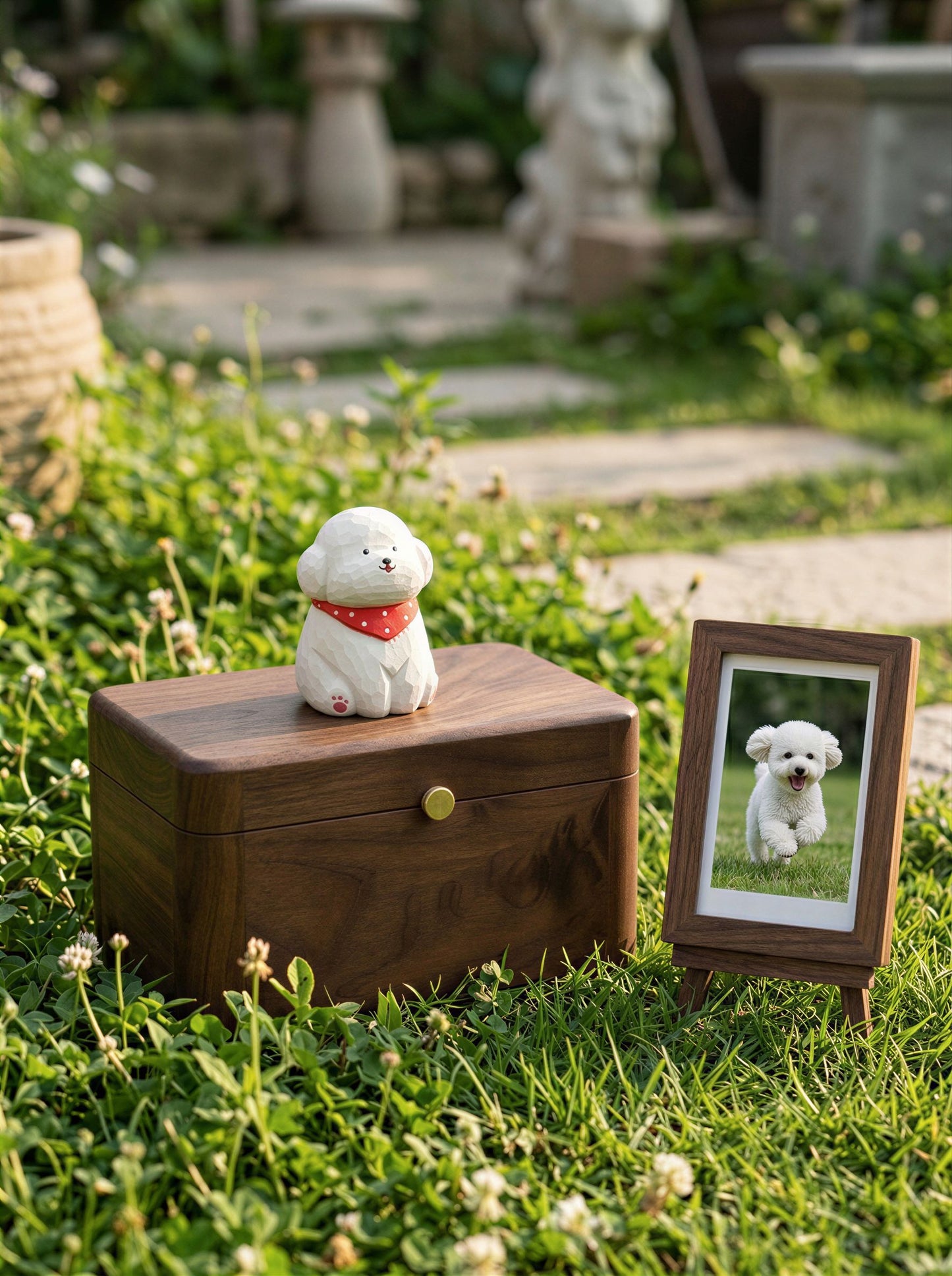 Poodle Wooden Pet Urn with Memorial Figurine - 1368ml - White - pet ashes memorial urn