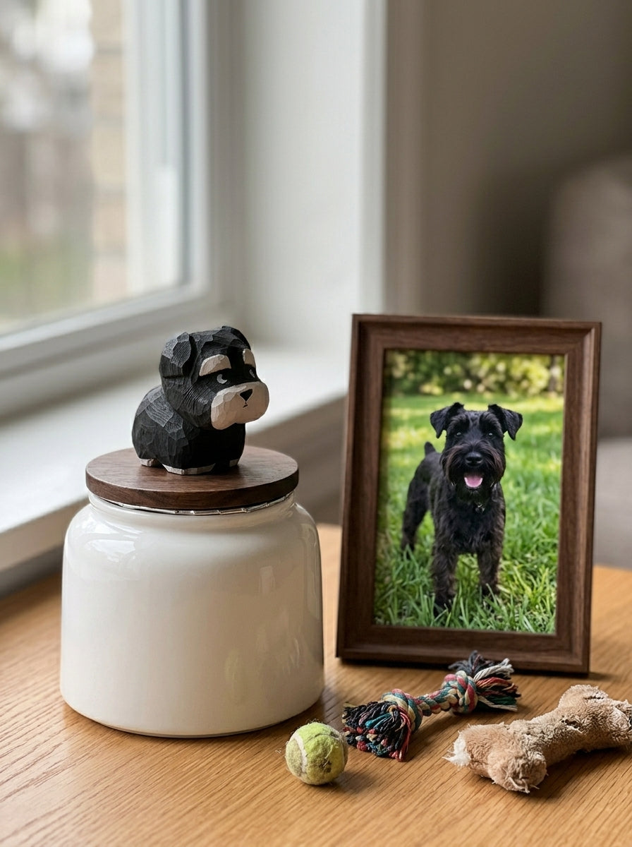 Schnauzer Ceramic Pet Urn with Memorial Figurine - 570ml - Black - pet ashes memorial urn