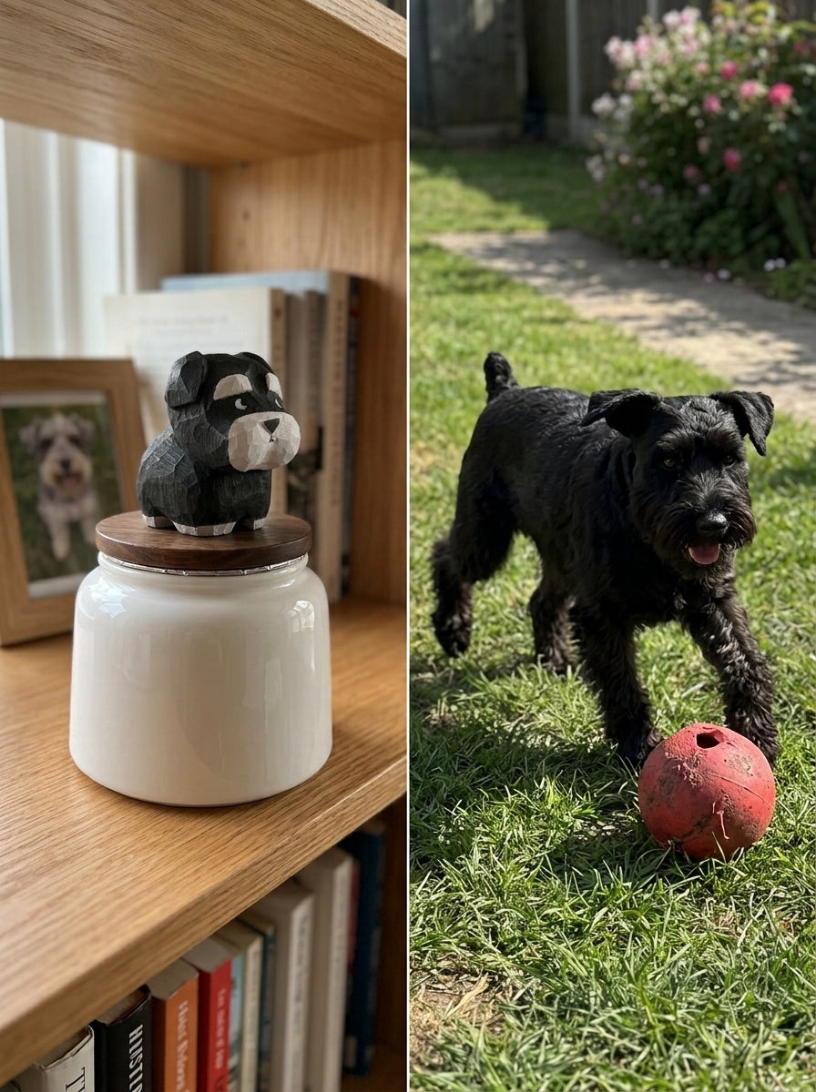 Schnauzer Ceramic Pet Urn with Memorial Figurine - 570ml - Black - pet ashes memorial urn