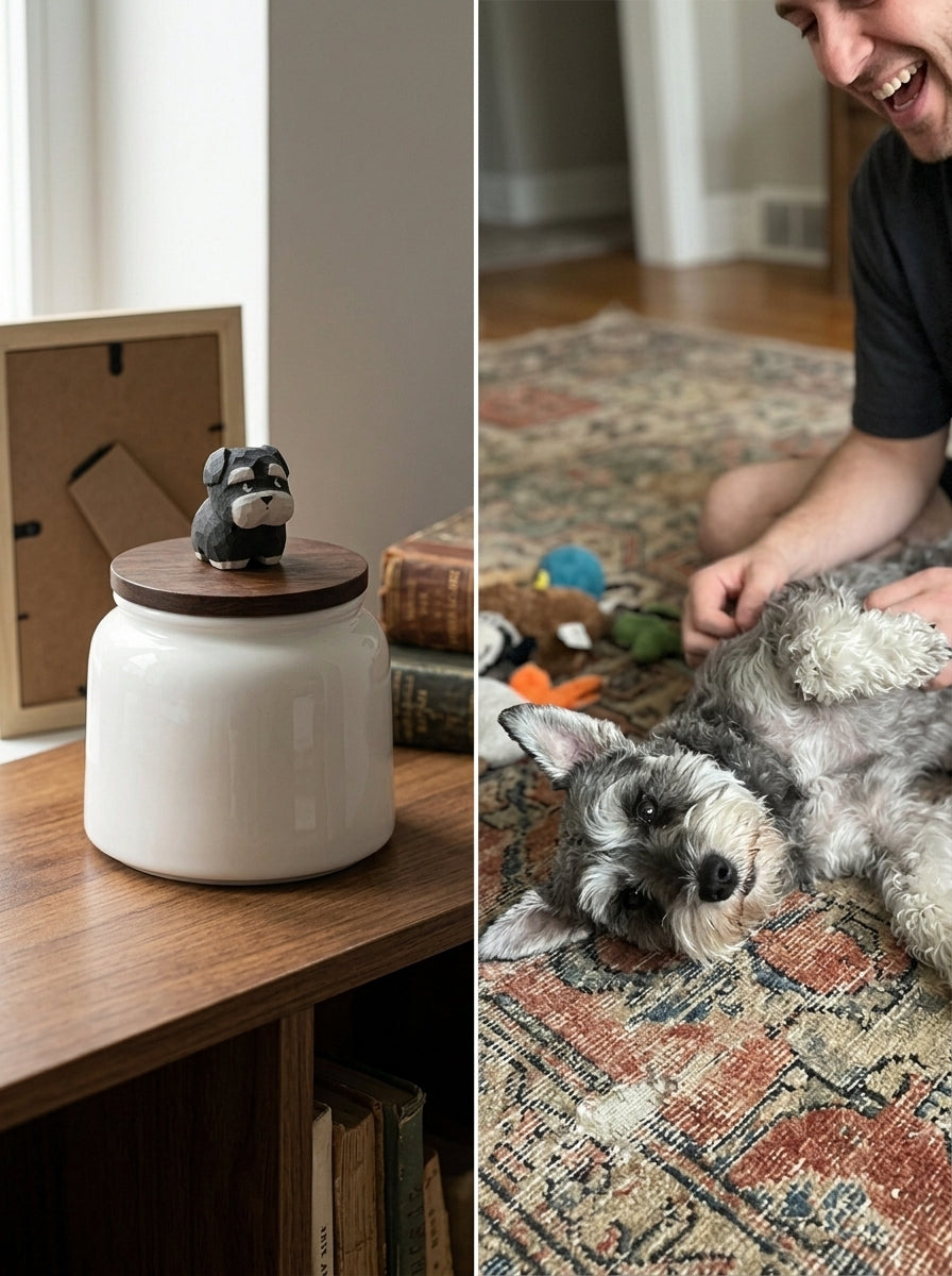 Schnauzer Ceramic Pet Urn with Memorial Figurine - 570ml - Gray - pet ashes memorial urn
