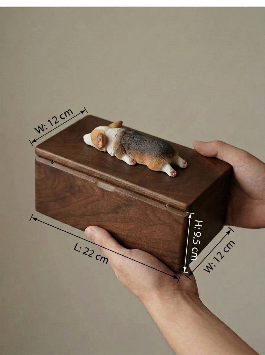 Shiba Inu Resting Wooden Pet Urn with Memorial Figurine - Dark - pet ashes memorial urn