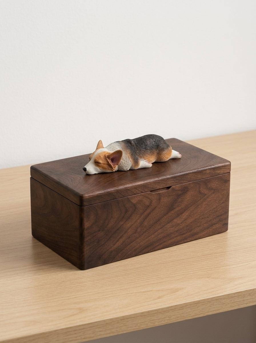 Shiba Inu Resting Wooden Pet Urn with Memorial Figurine - Dark - pet ashes memorial urn