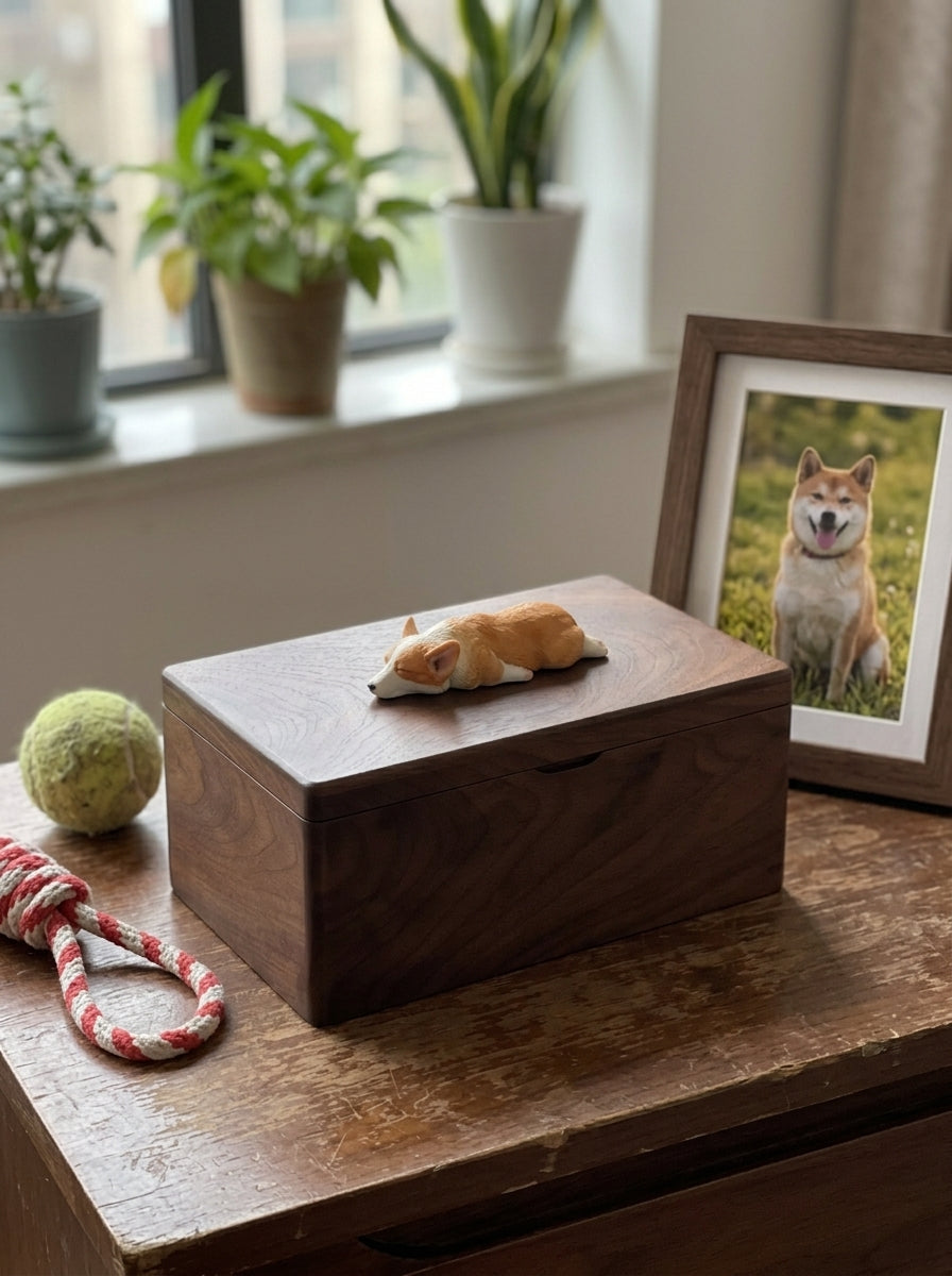 Shiba Inu Resting Wooden Pet Urn with Memorial Figurine - Light - pet ashes memorial urn