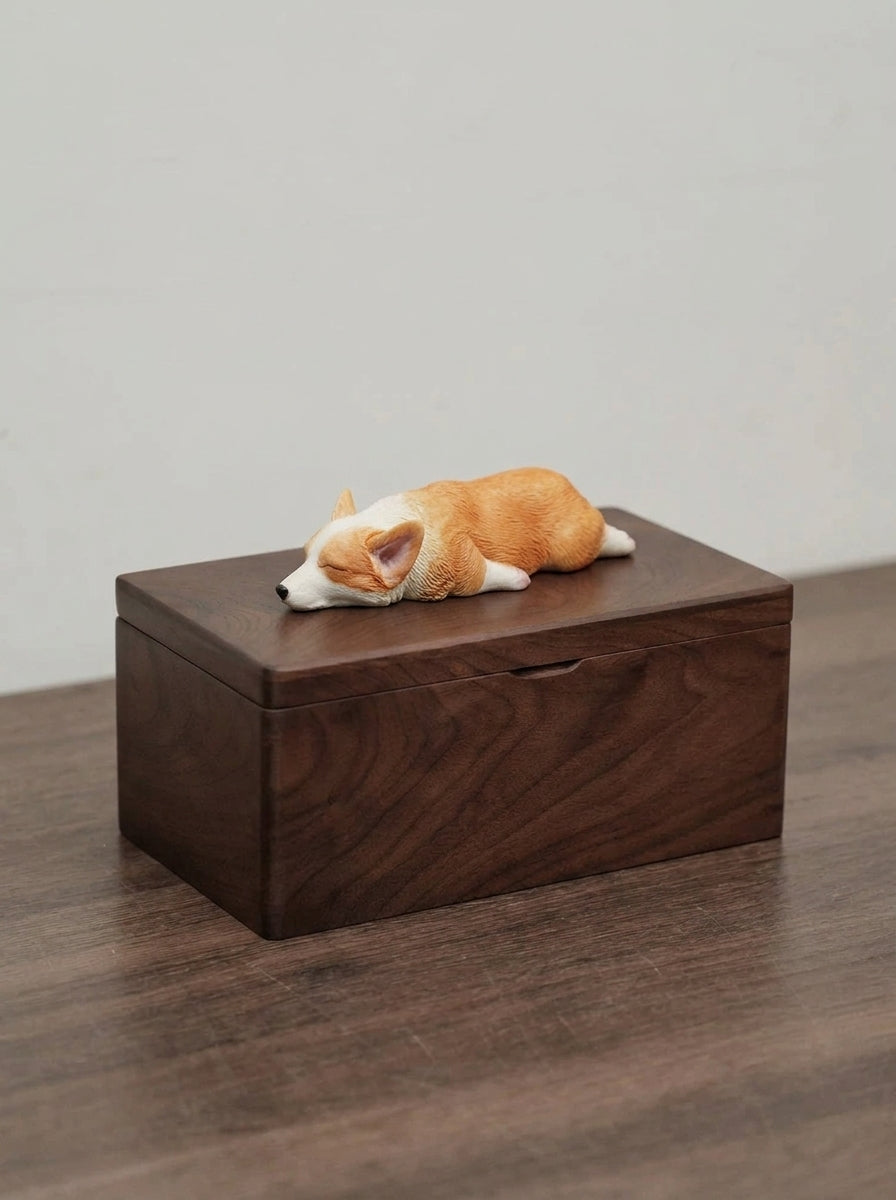 Shiba Inu Resting Wooden Pet Urn with Memorial Figurine - Light - pet ashes memorial urn
