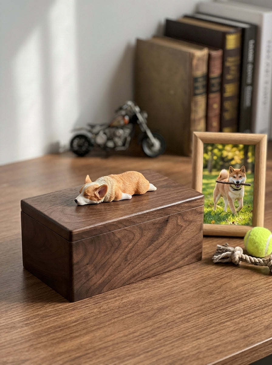 Shiba Inu Resting Wooden Pet Urn with Memorial Figurine - Light - pet ashes memorial urn