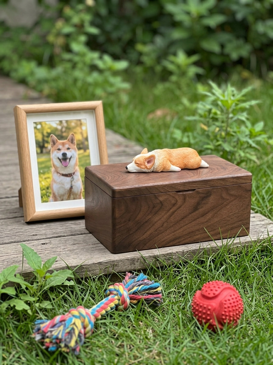 Shiba Inu Resting Wooden Pet Urn with Memorial Figurine - Light - pet ashes memorial urn