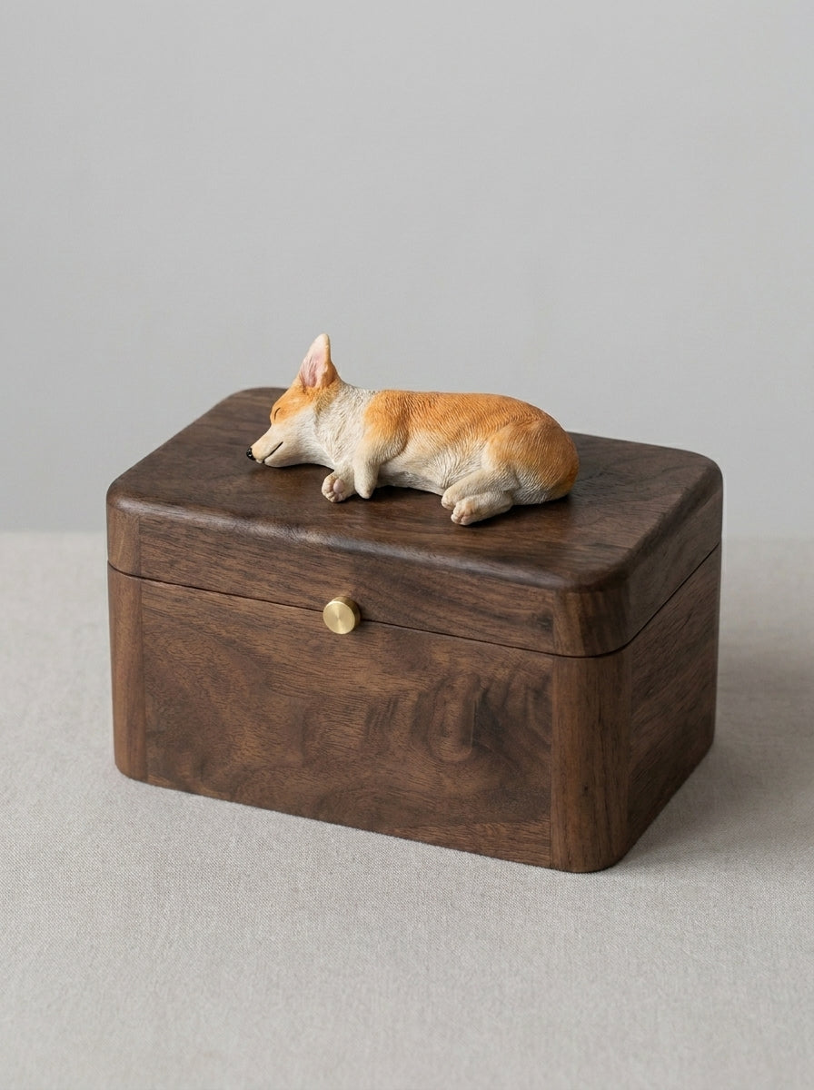 Shiba Inu Side-Lying Wooden Pet Urn with Memorial Figurine - Light - pet ashes memorial urn