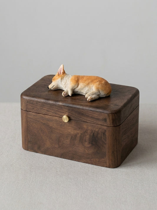 Shiba Inu Side-Lying Wooden Pet Urn with Memorial Figurine - Light - pet ashes memorial urn