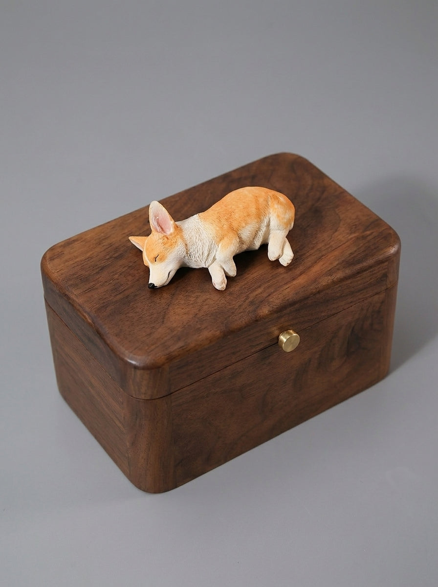 Shiba Inu Side-Lying Wooden Pet Urn with Memorial Figurine - Light - pet ashes memorial urn