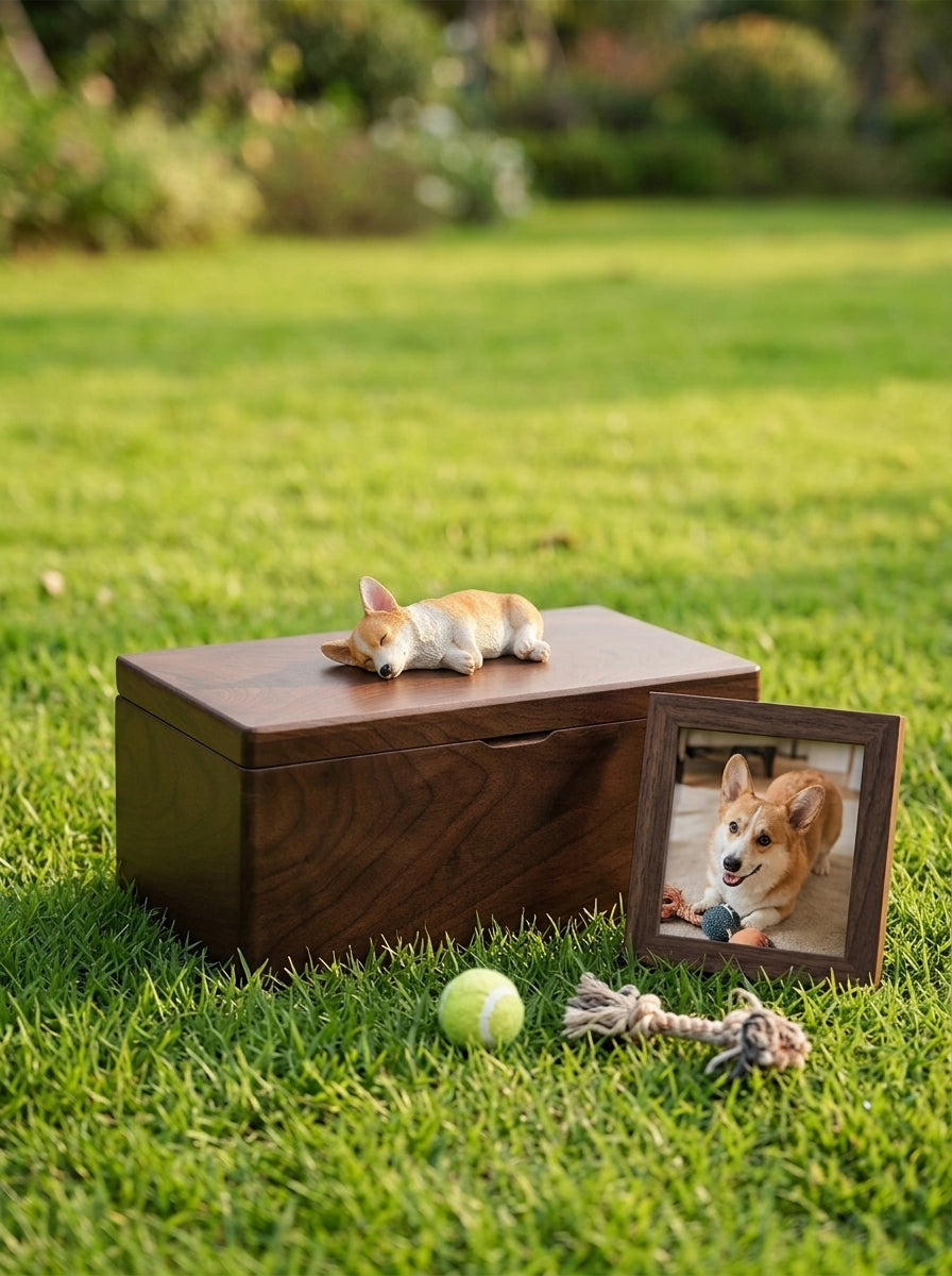 Shiba Inu Side-Lying Wooden Pet Urn with Memorial Figurine - Light - pet ashes memorial urn