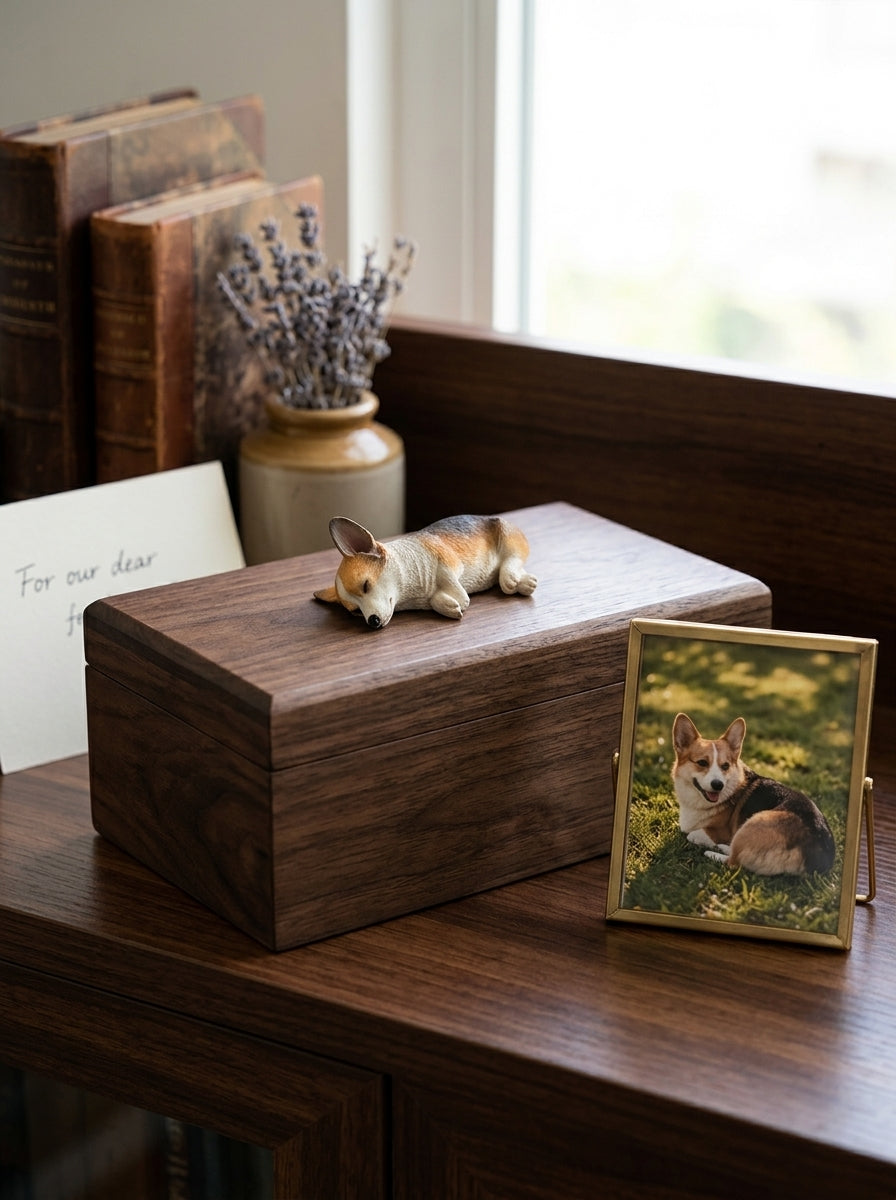 Shiba Inu Side-Lying Wooden Pet Urn with Memorial Figurine - Dark - pet ashes memorial urn