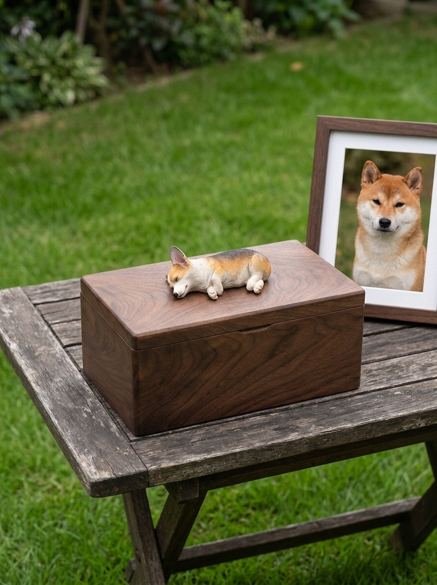 Shiba Inu Side-Lying Wooden Pet Urn with Memorial Figurine - Dark - pet ashes memorial urn