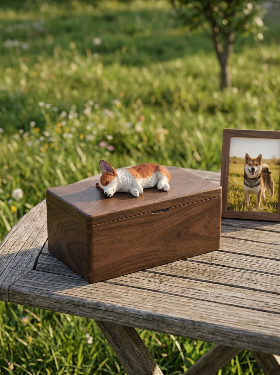 Shiba Inu Side-Lying Wooden Pet Urn with Memorial Figurine - Dark - pet ashes memorial urn