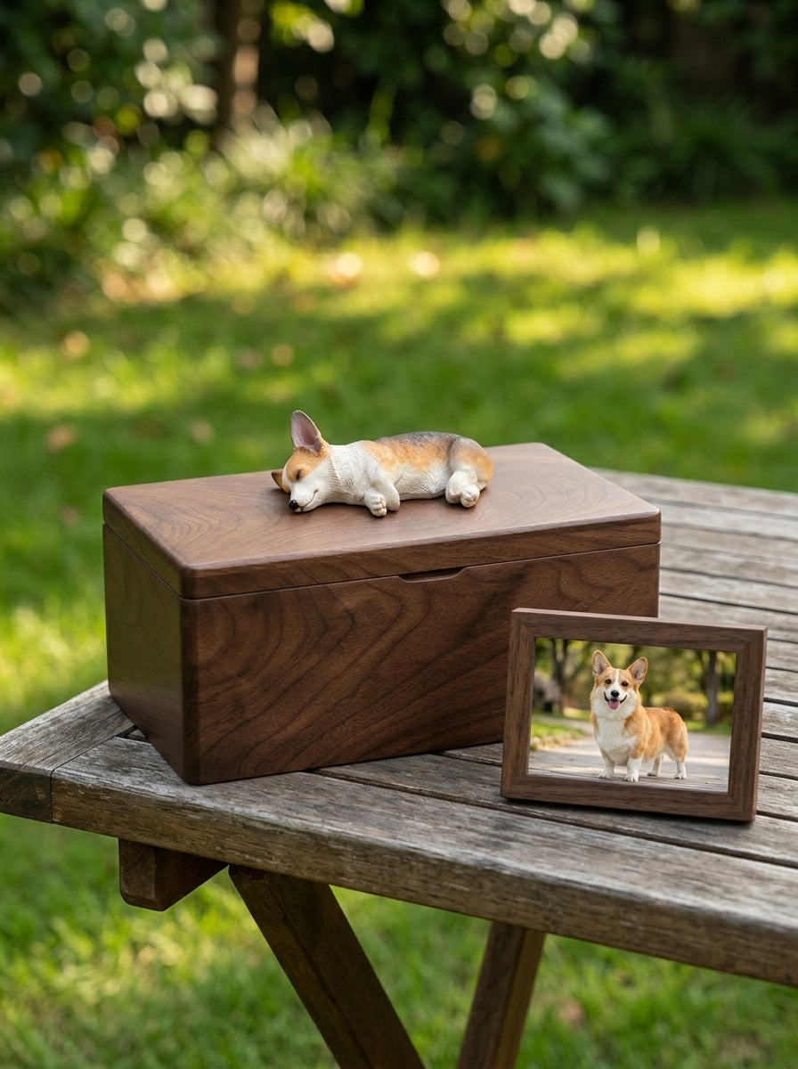 Shiba Inu Side-Lying Wooden Pet Urn with Memorial Figurine - Dark - pet ashes memorial urn