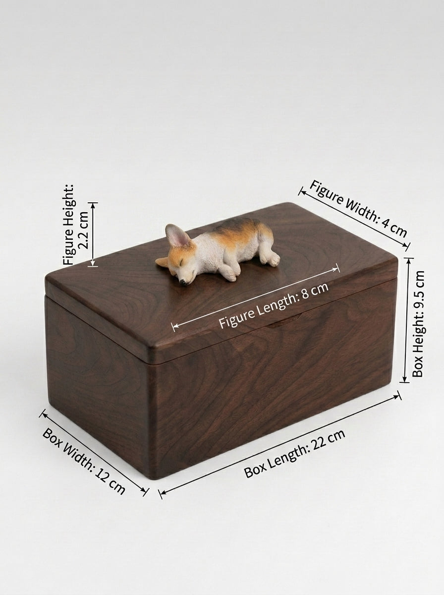 Shiba Inu Side-Lying Wooden Pet Urn with Memorial Figurine - Dark - pet ashes memorial urn